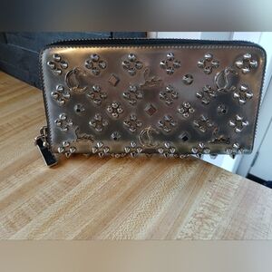 Christian Louboutin Silver Studded Logo emblem Long Zip Wallet
